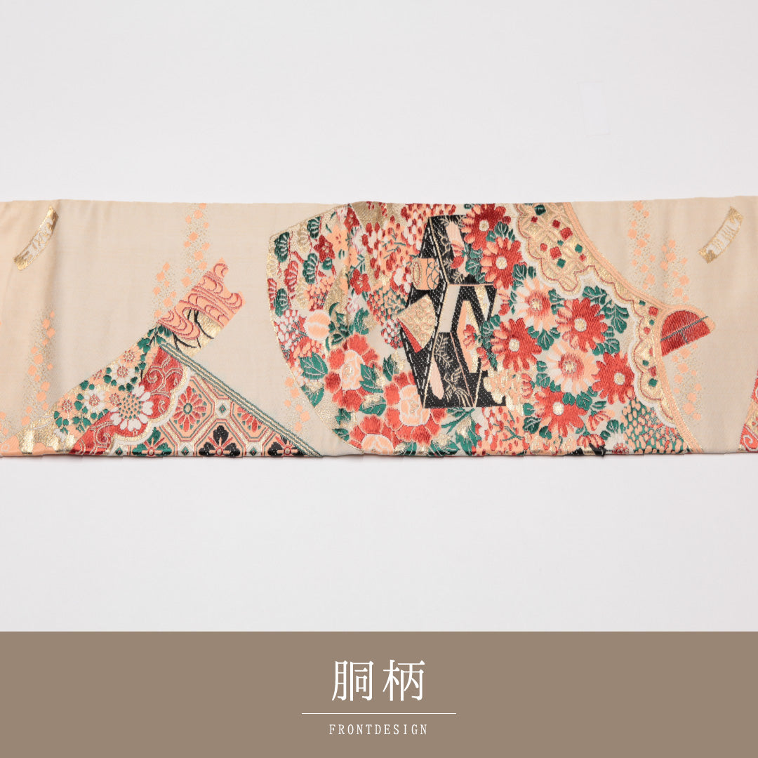 アンティーク 九寸名古屋帯 Cランク 帯丈329cm 正絹 六通 名古屋仕立て 織り 平安絵巻 調度品 クリーム系 LP 1245-01538