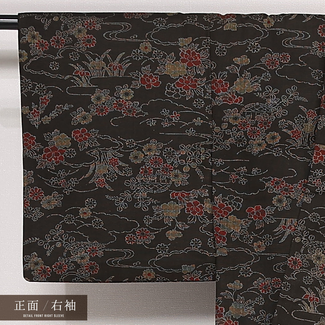 洗える着物 ウールの紬 単衣 身丈141cm 裄丈63cm ウール Aランク カジュアル 広衿 XSサイズ 居敷当て 菊 牡丹 茶系 HP 1223-13296