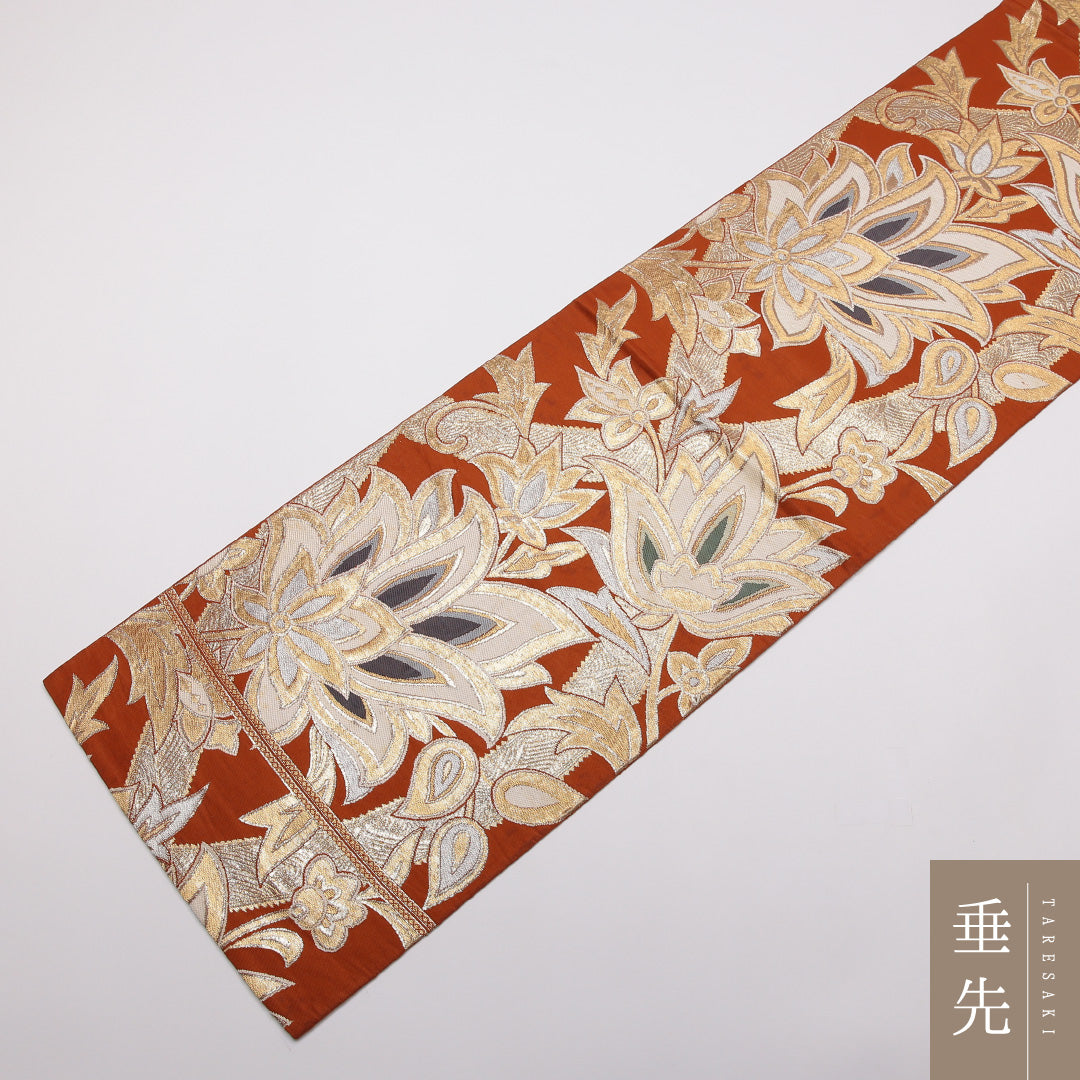 アンティーク 袋帯 帯丈400cm 正絹 六通 唐草華文 朱系 1243-01419