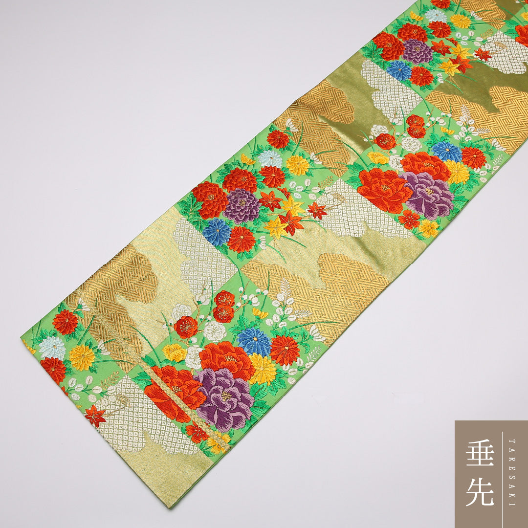 振袖用 袋帯 帯丈432cm 正絹 六通 唐織 裂取り 雲取り 市松 菊 緑系 1243-01064