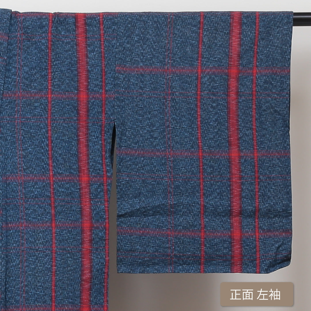 紬 夏紬 身丈152cm 裄61cm 正絹 紺系 Bランク モダン 格子 夏着物 1216004544218