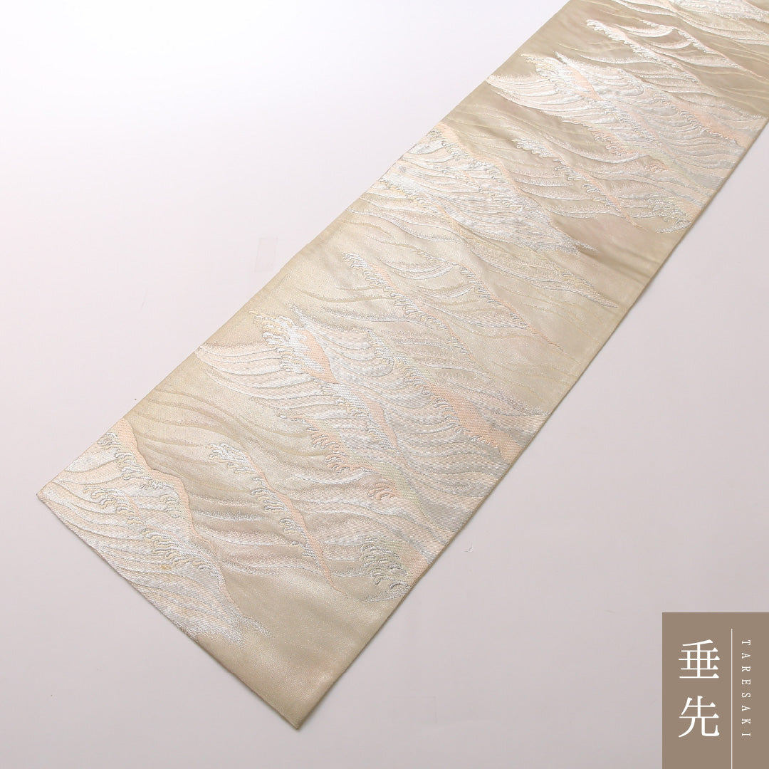 袋帯 帯丈420cm 正絹 六通 フォーマル 綴れ織 荒磯 クリーム系 銀系 1243-01642