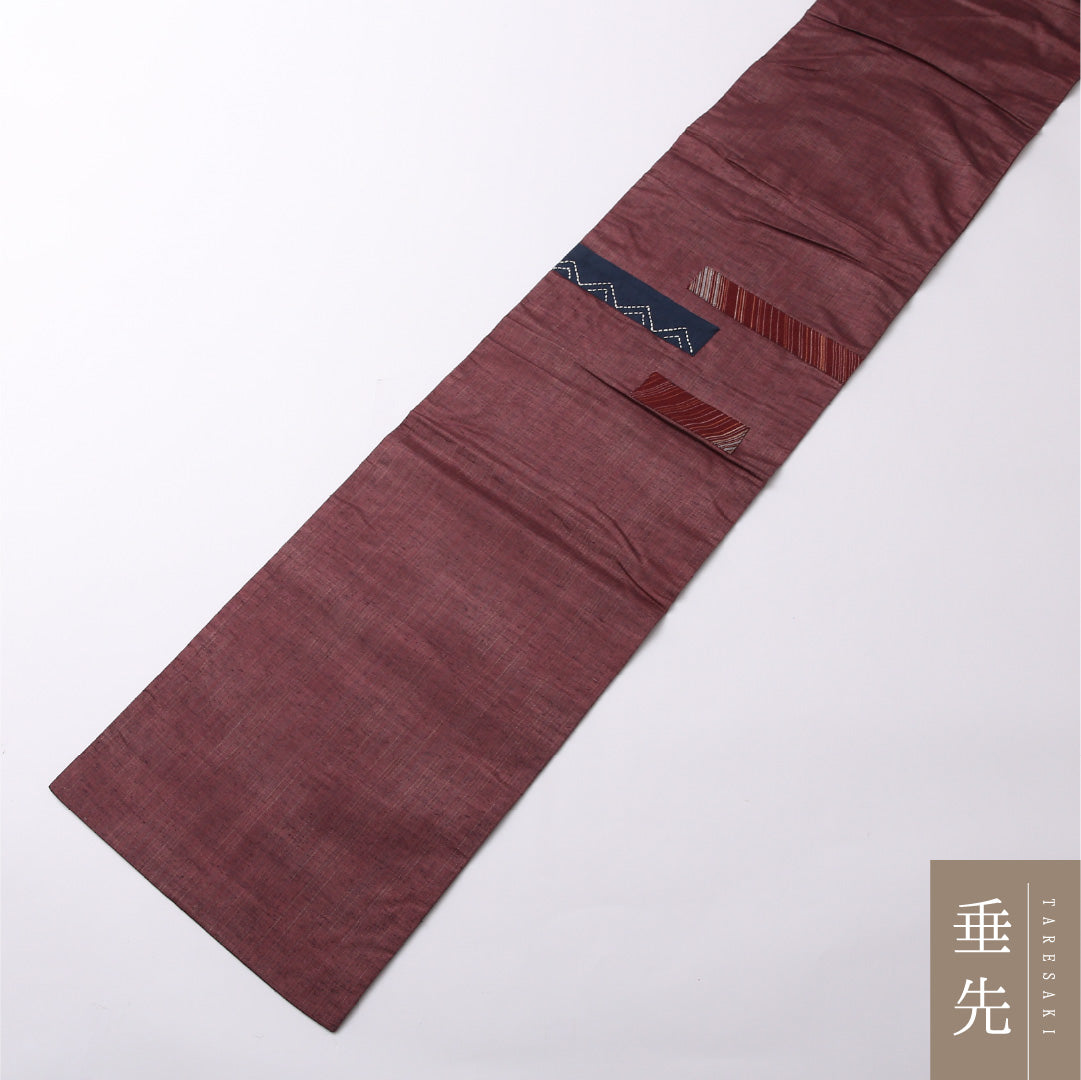 九寸名古屋帯 Aランク 帯丈352cm 正絹 ポイント柄 開き仕立て 織り カジュアル リバーシブル 紬 創作柄 紫系 RP 1245-02576
