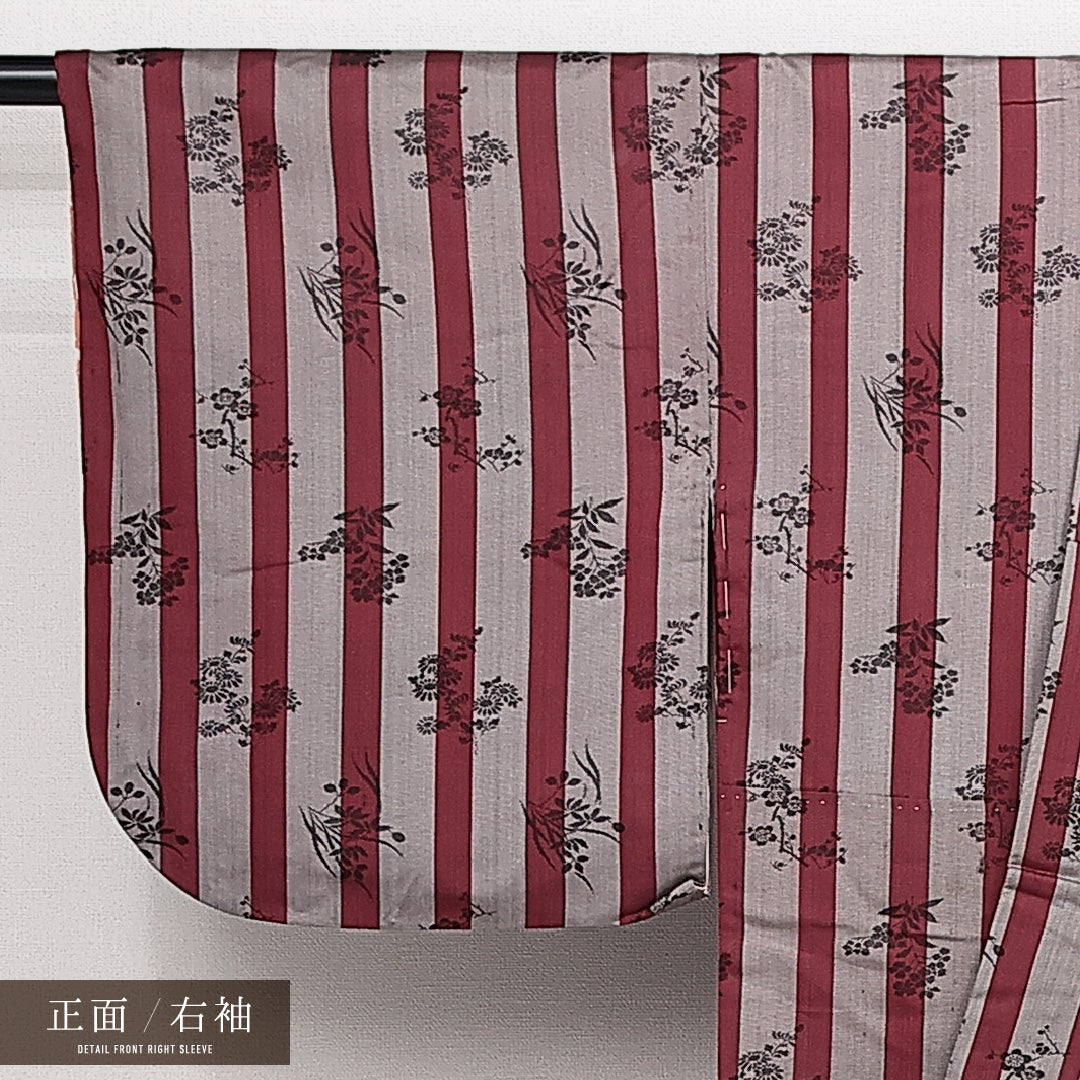 アンティーク お召 袷 身丈147cm 裄丈63cm 正絹 Bランク バチ衿 XSサイズ 花柄 植物柄 赤系 RP 1222-14138