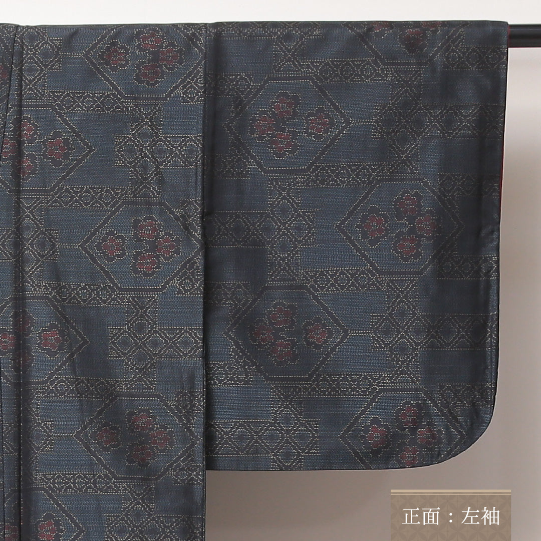 大島紬 袷 身丈160cm 裄62cm 正絹 亀甲 緑系 Aランク 1216-01050