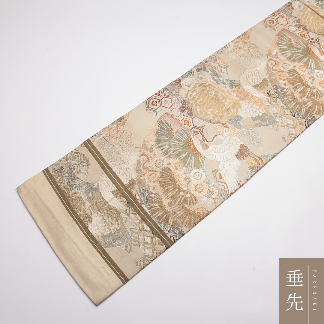アンティーク 丸帯 帯丈394cm 正絹 全通 扇面文 松鶴 クリーム系 1242-01409