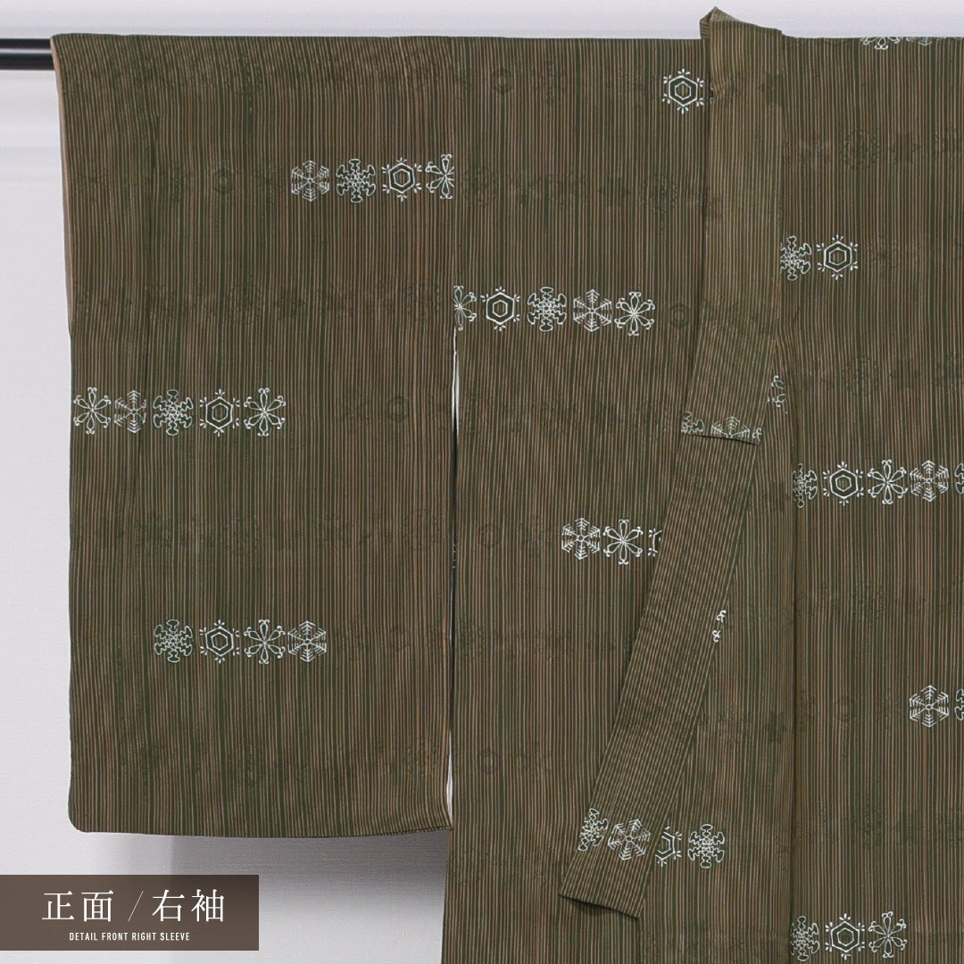 アンティーク 小紋 袷 身丈145cm 裄丈62cm 正絹 Aランク バチ衿 XSサイズ 縞 雪花紋 緑系 RP 1221-11486