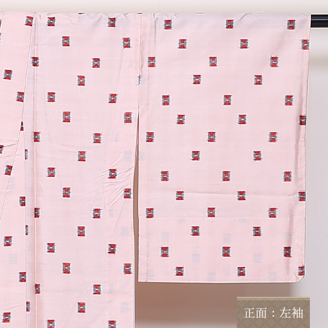 アンティーク 銘仙 紬 単衣 身丈147cm 裄62cm 正絹 肩当て ピンク系 Bランク 1216-01341