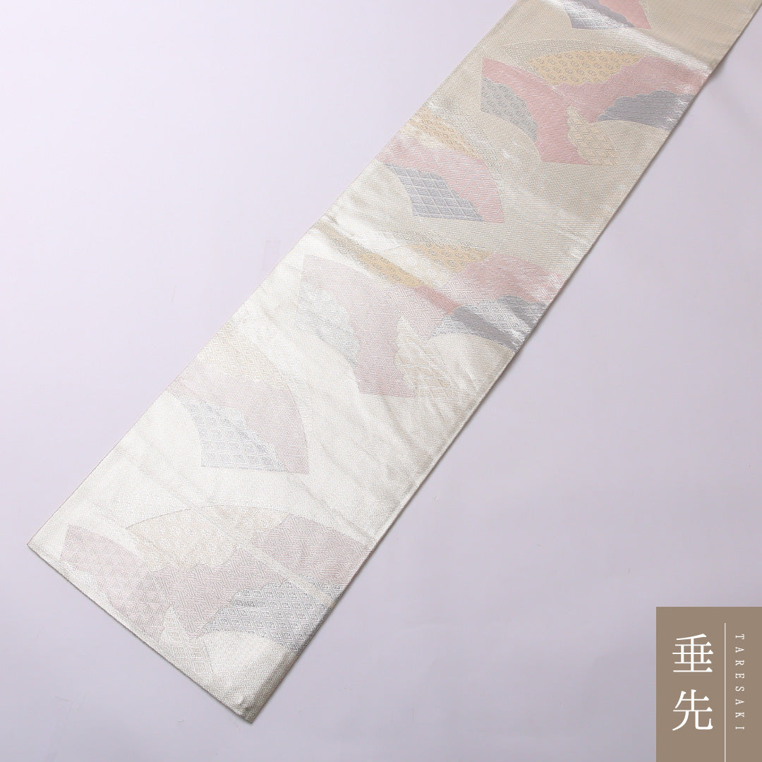 袋帯 帯丈444cm ポリエステル 六通 フォーマル 佐賀錦 扇面文 白系 銀系 1243-01561