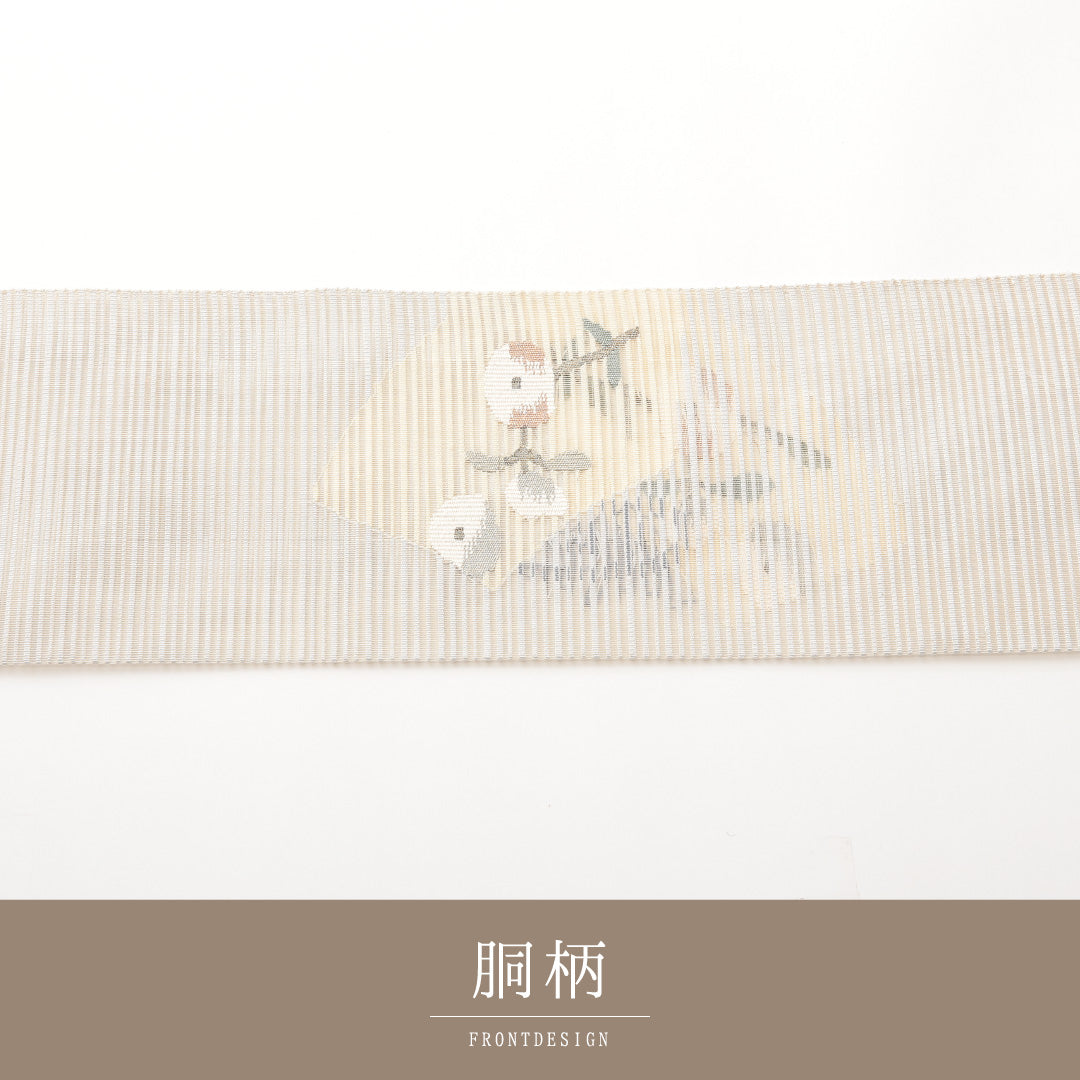 夏物 名古屋帯 ポイント柄 帯丈368cm セミフォーマル Sランク 正絹 絽 琳派 流水 扇 白系 1224-01999