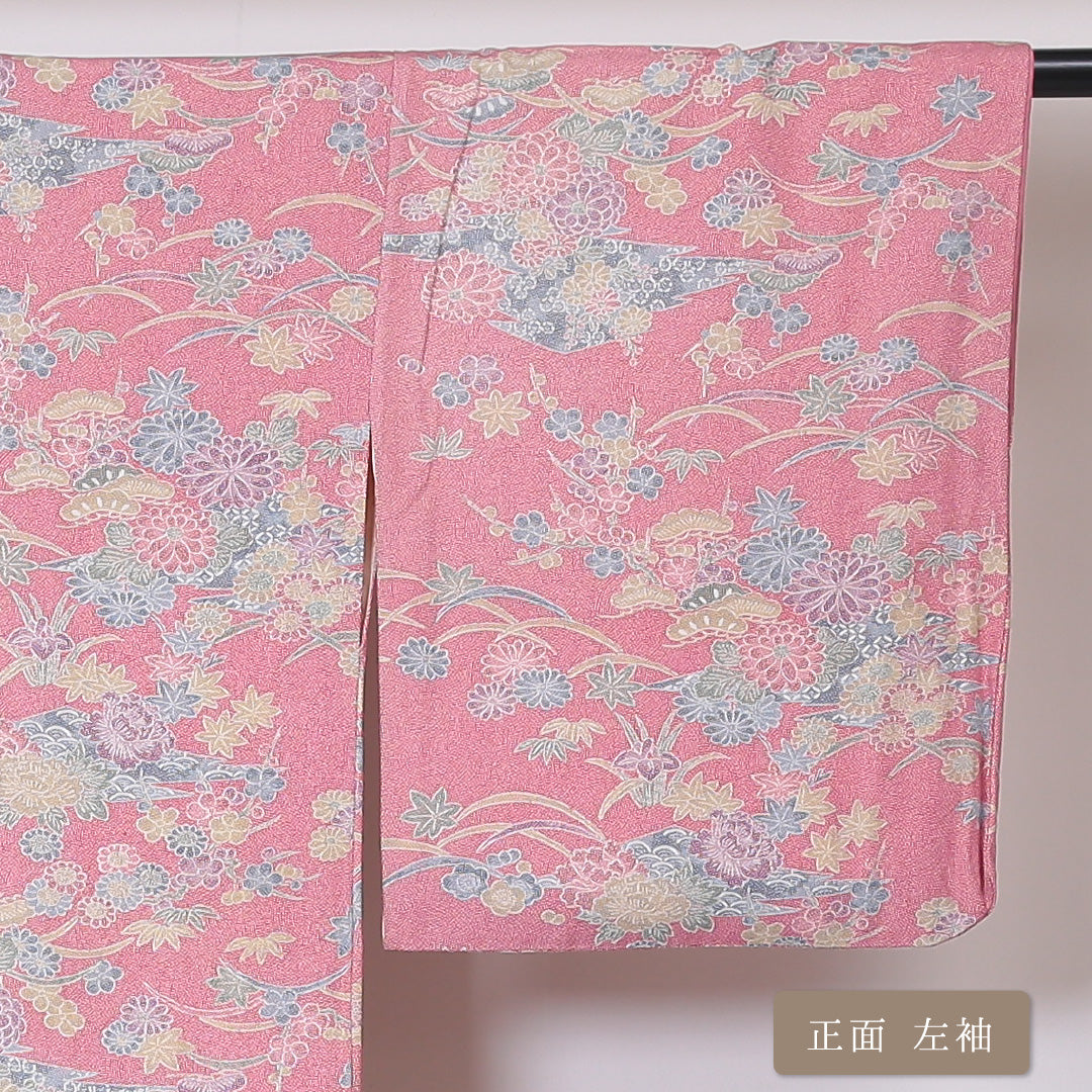 小紋 袷 身丈156cm 裄丈66cm 正絹 Aランク インフォーマル 広衿 Mサイズ 唐染め 七宝 菊 笠松 ピンク系 RP 1221-01845