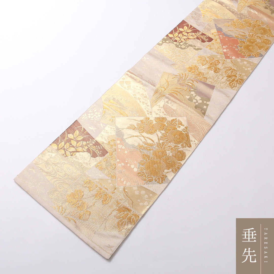 袋帯 帯丈444cm 正絹 六通 琳派乾土 色紙秋草文 フォーマル 琳派 色紙重ね ベージュ系 クリーム系 1243-01378