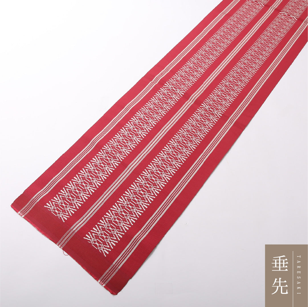 名古屋帯 帯丈392cm 開き仕立て 未仕立て 全通 Aランク カジュアル 正絹 本場筑前博多織 献上柄 伝統的 落ち着き 赤系 1224-03085