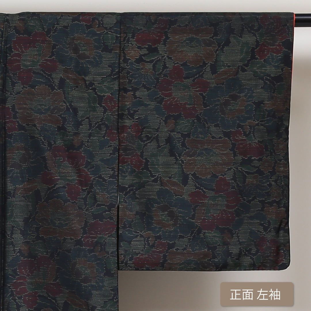 大島紬 袷 身丈159cm 裄丈63cm 正絹 Sランク インフォーマル 広衿 Mサイズ 緯総絣 花柄 黒系 RP 1223-03011