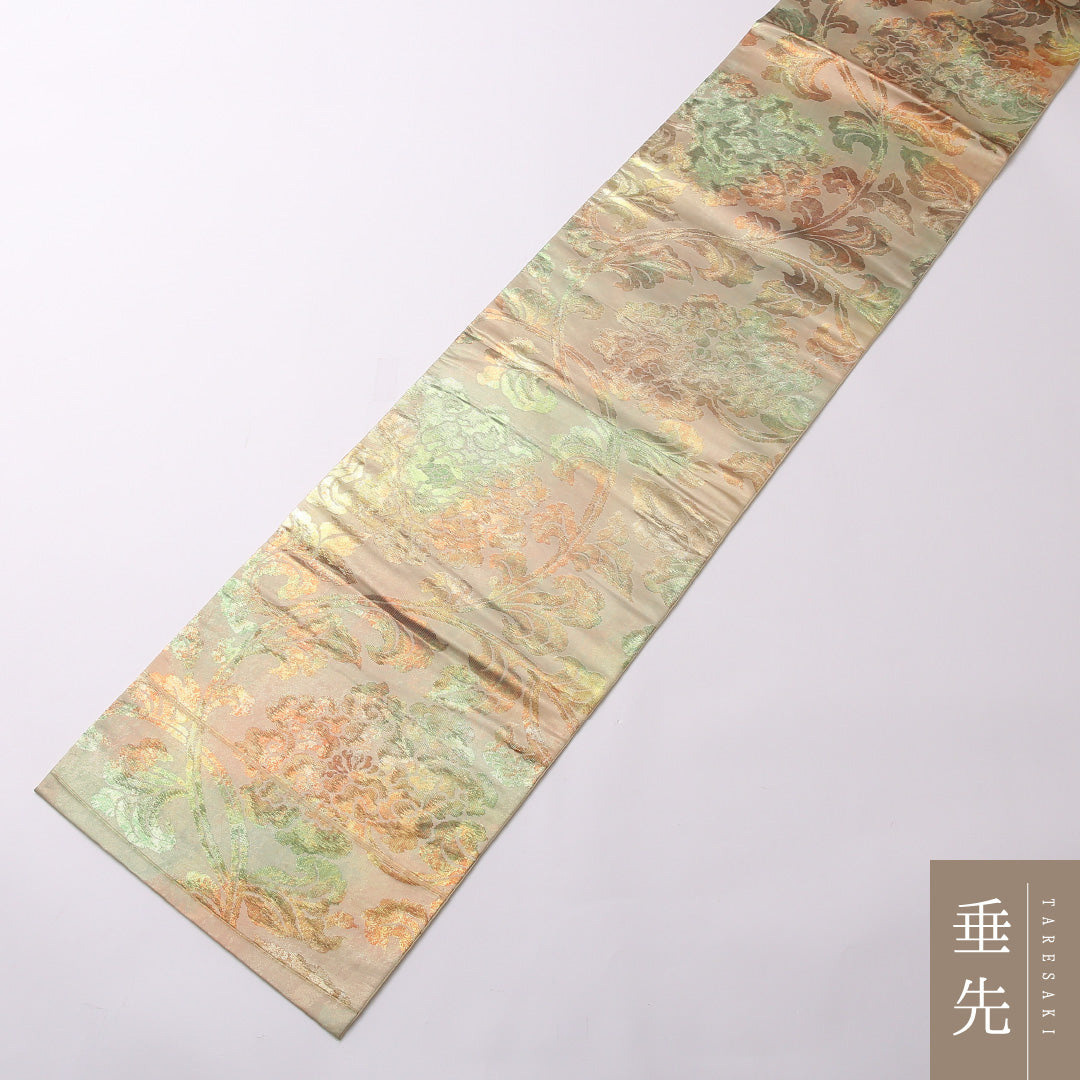 袋帯 帯丈418cm 正絹 六通 セミフォーマル 唐草華文 クリーム系 1243-01549