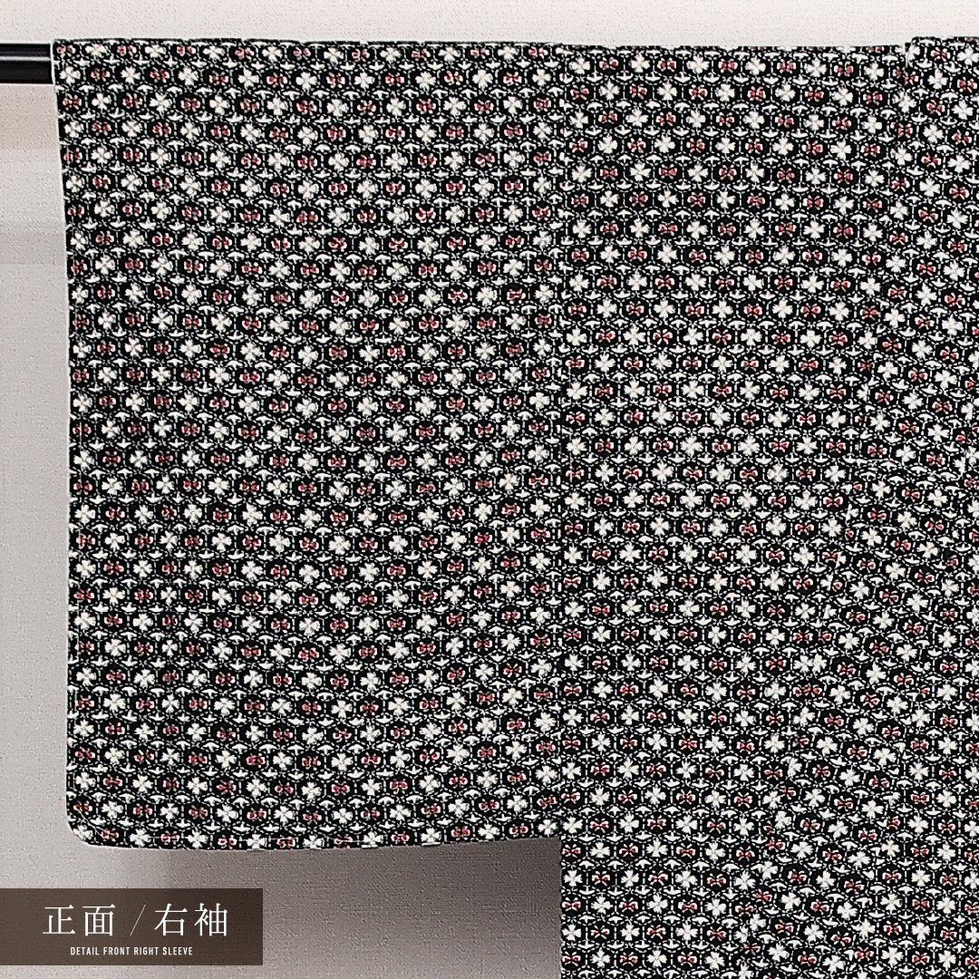洗える着物 小紋 袷 身丈155cm 裄丈62cm ポリエステル Aランク インフォーマル バチ衿 Mサイズ しつけ糸 花菱亀甲 黒系 RP 1221-14061