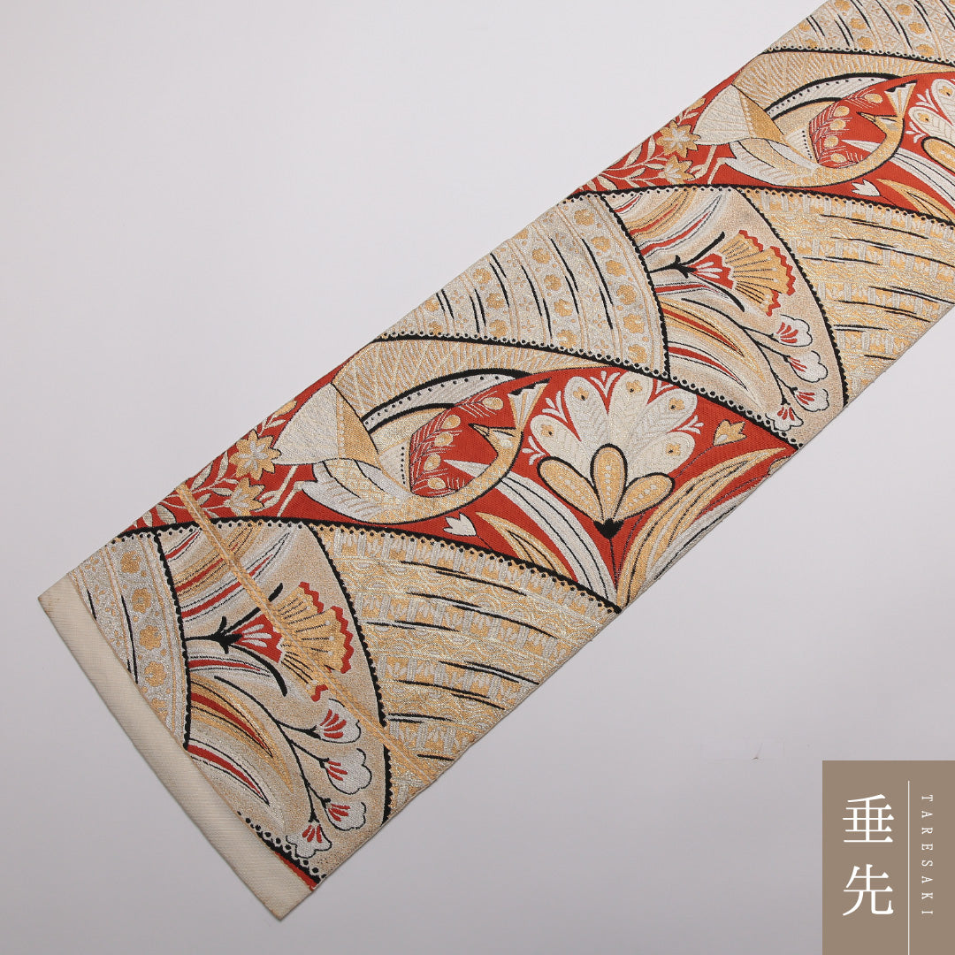 アンティーク 袋帯 帯丈418cm 正絹 六通 孔雀 花柄 クリーム系 1243-01357
