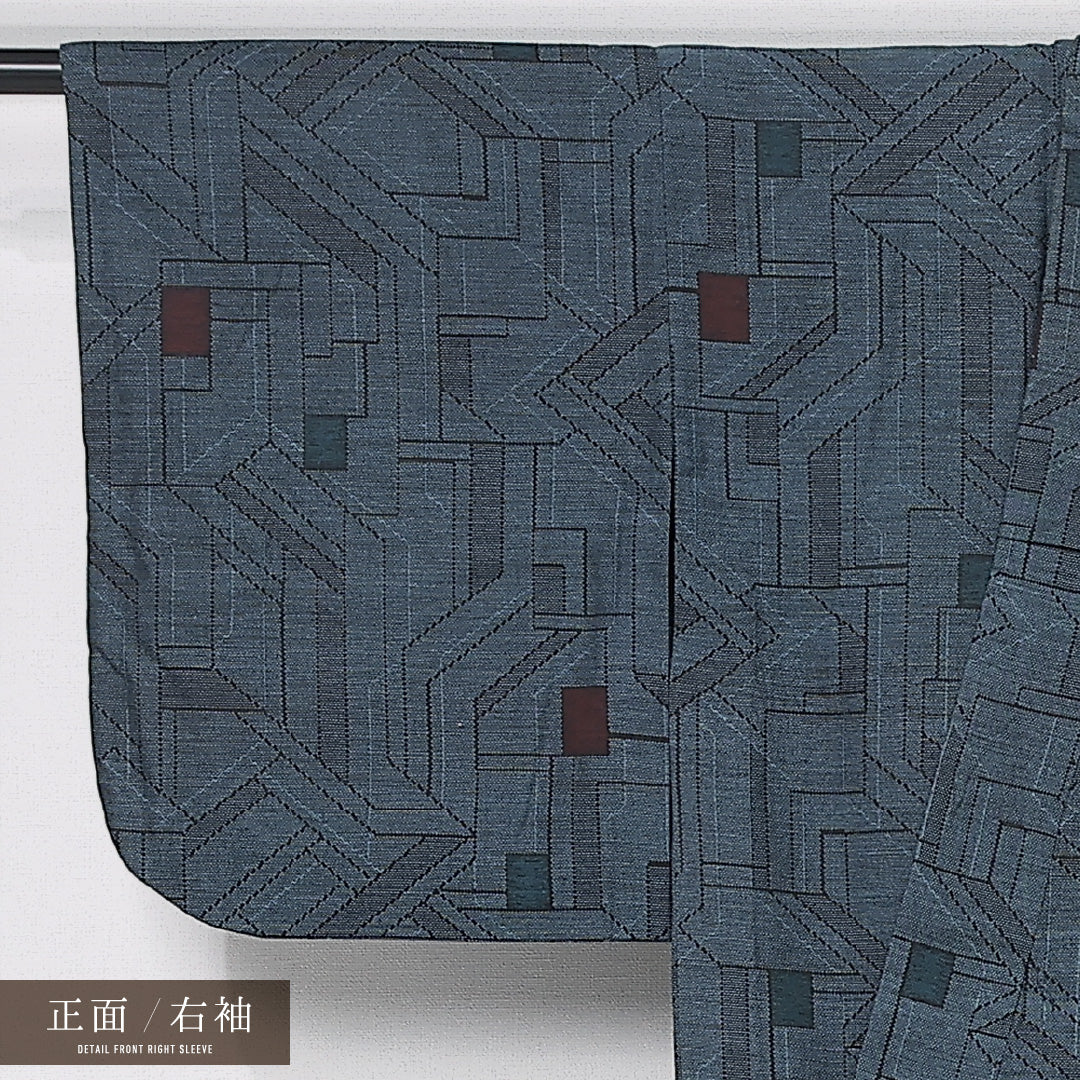 洗える着物 ウールの紬 胴抜き 身丈149cm 裄丈63cm ウール Cランク カジュアル バチ衿 XSサイズ 幾何学柄 青系 HP 1223-11883
