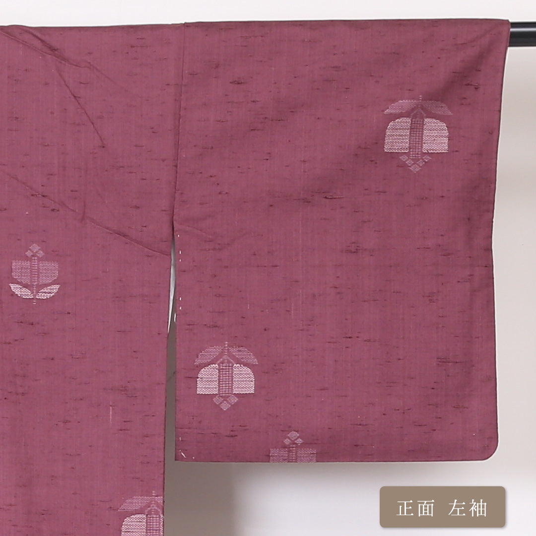 真綿紬 袷 身丈155cm 裄丈62cm 正絹 Sランク カジュアル バチ衿 Mサイズ 椿 紫系 RP 1223-03336