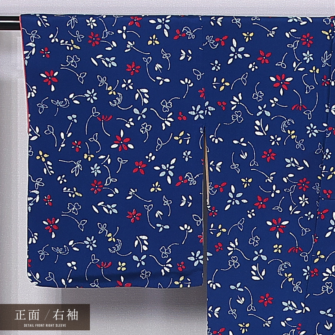 小紋 袷 身丈158cm 裄丈63cm 正絹 Aランク インフォーマル 広衿 Mサイズ 花柄 紺系 HP 1221-11058