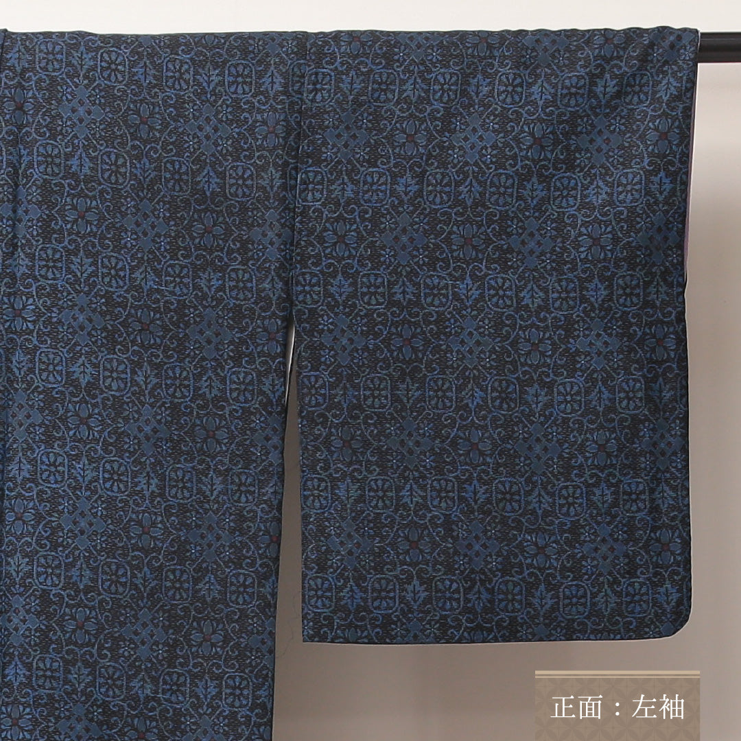 紬 袷 身丈158cm 裄64cm 正絹 オリエンタル 紺系 Sランク 1216-01029