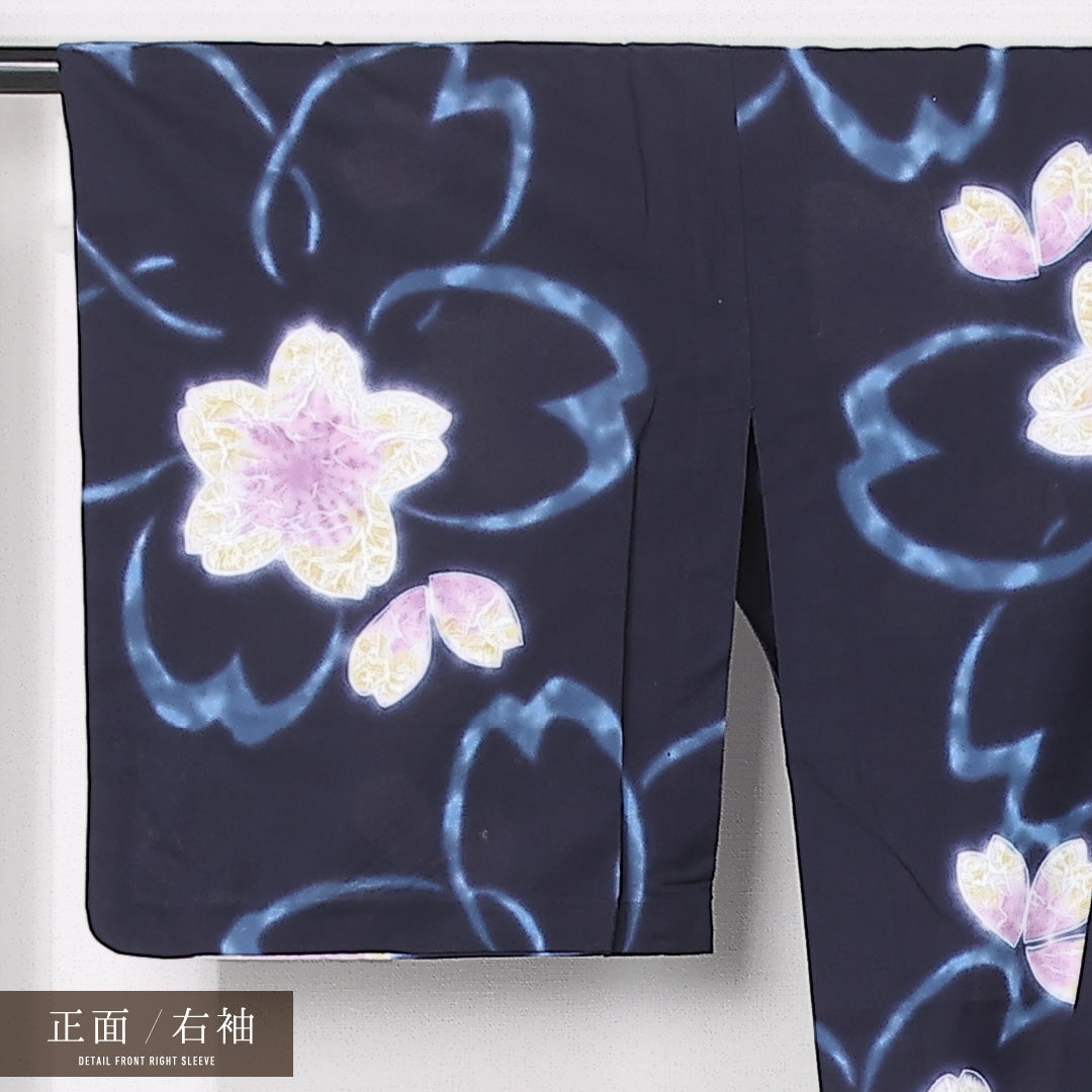 夏物 洗える着物 浴衣 夏物 身丈165cm 裄丈68cm ポリエステル Sランク カジュアル バチ衿 XLサイズ 肩当て 桜 紺系 RP 1225-12449