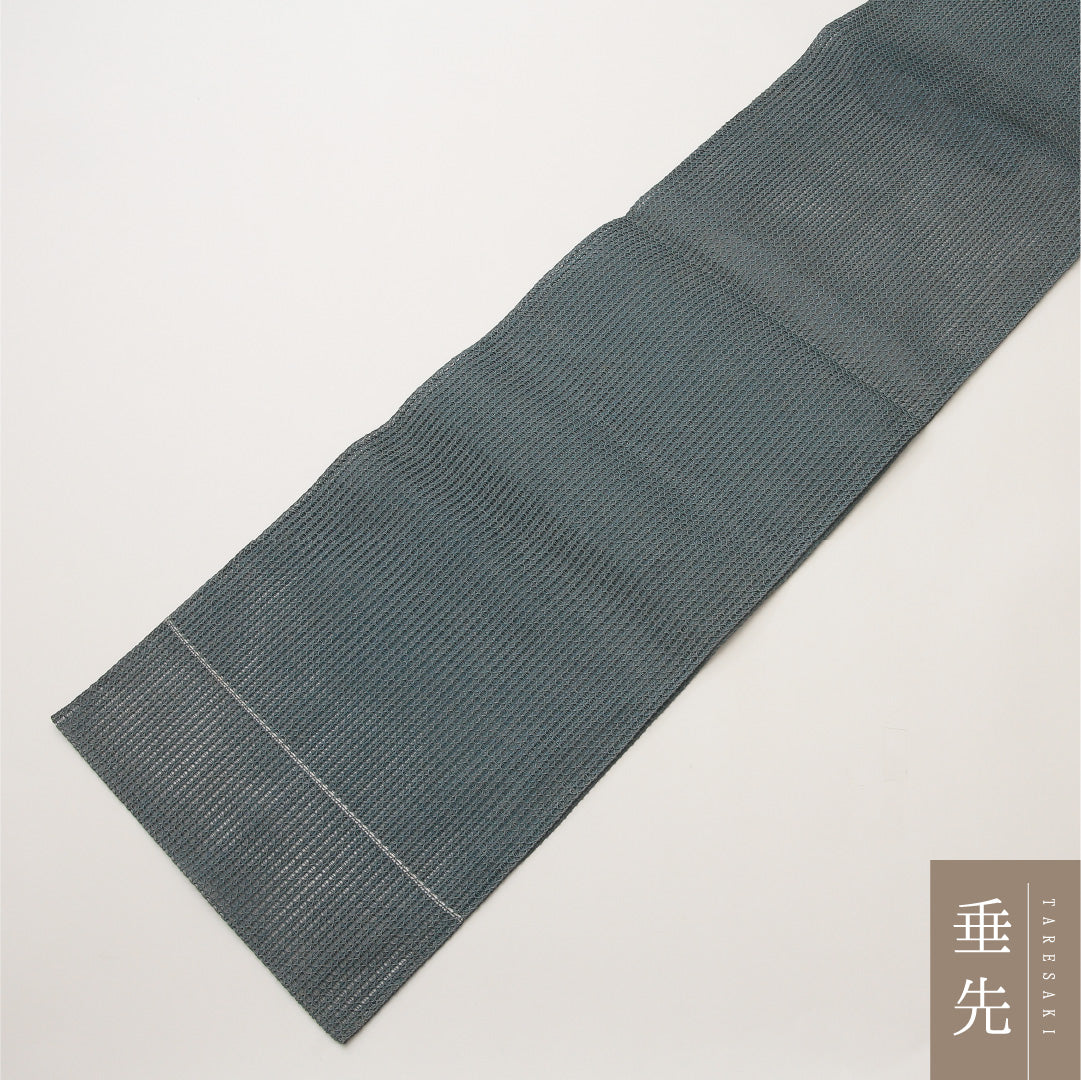 夏物 名古屋帯 全通 帯丈369cm カジュアル Cランク 正絹 羅 無地 しつけ糸 グレー系 1224-02022