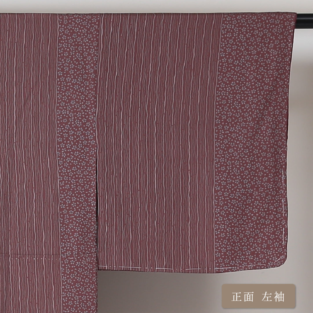 小紋 袷 身丈155cm 裄丈61cm 正絹 Aランク インフォーマル 広衿 Mサイズ よろけ縞 花柄 紫系 RP 1221-01467
