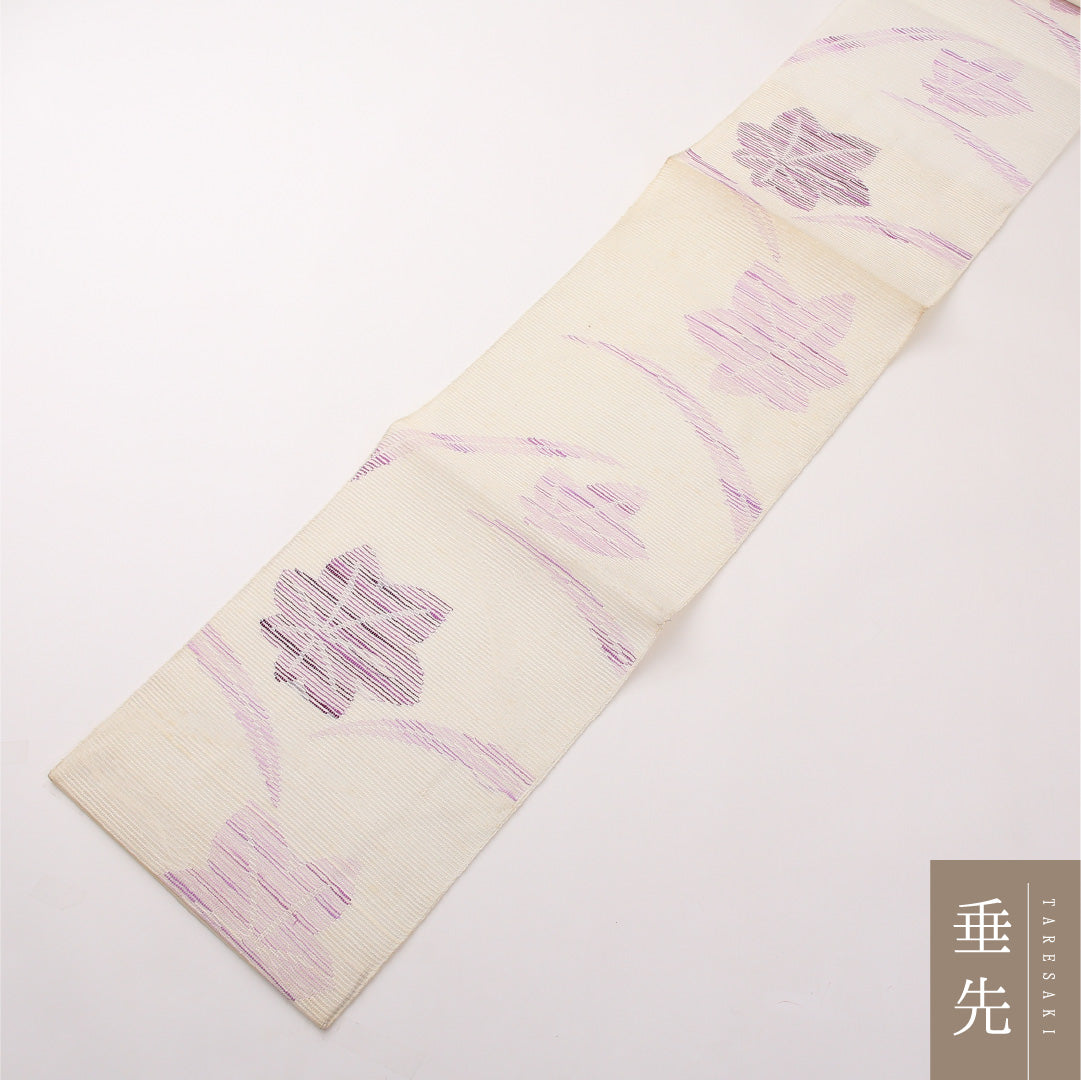 八寸名古屋帯 (夏帯) Cランク 帯丈373cm 正絹 六通 松葉仕立て 帯芯なし 織り カジュアル 楓 クリーム系 SR 1245-02296