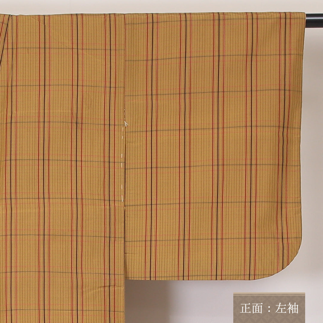 紬 袷 身丈146cm 裄62.5cm 正絹 格子 黄系 Bランク 1216-00912