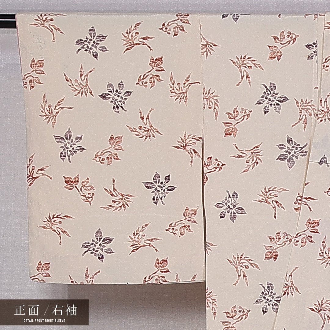 小紋 (ちりめん) 袷 身丈156cm 裄丈59cm 正絹 Bランク インフォーマル 広衿 Mサイズ 植物柄 ちりめん クリーム系 LP 1221-11250