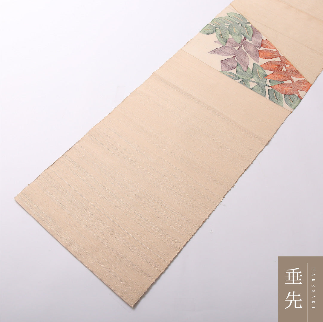八寸名古屋帯 Bランク 帯丈354cm 正絹 ポイント柄 松葉仕立て 織り カジュアル 紬 植物柄 クリーム系 RP 1245-03030