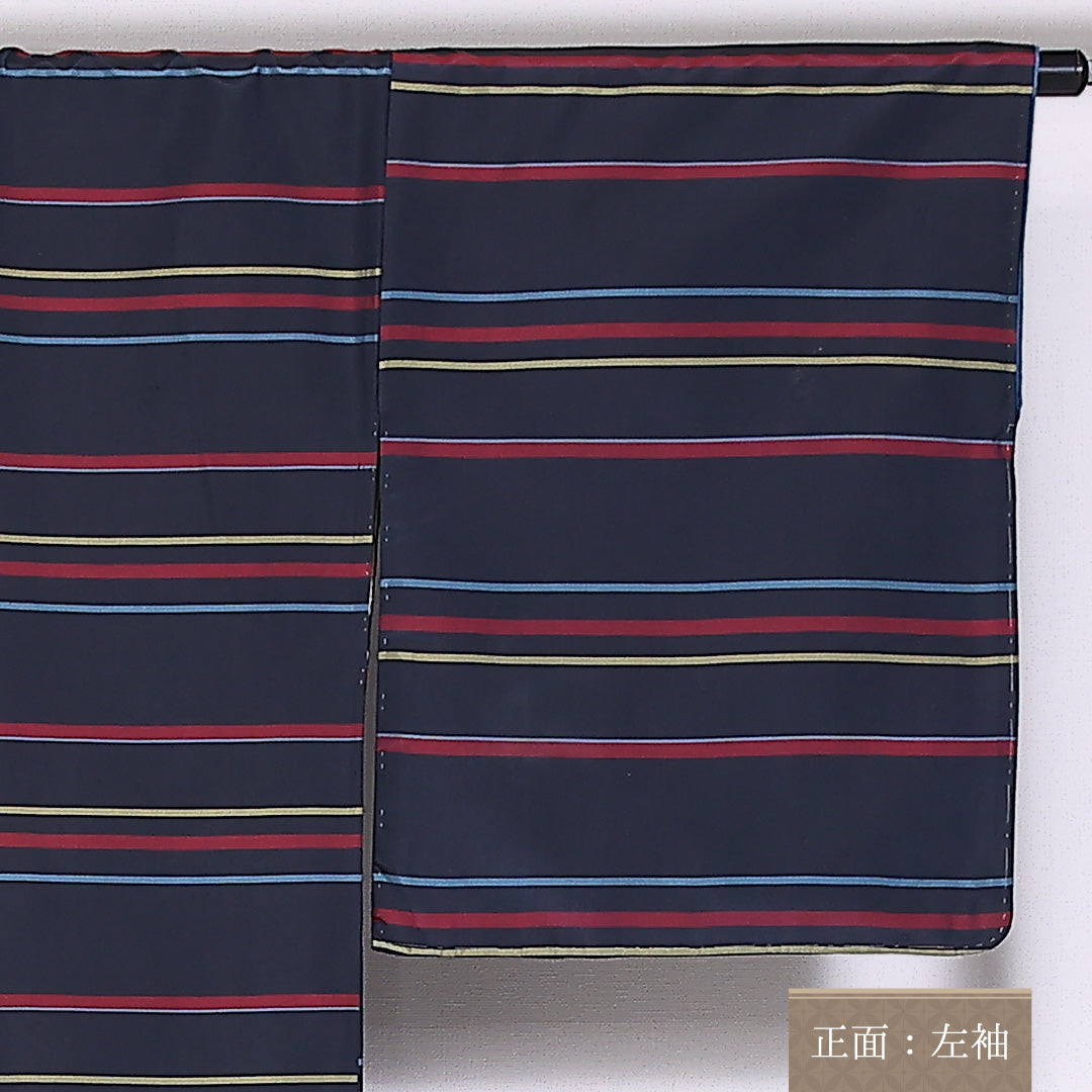 大島紬 袷 身丈158cm 裄69cm 正絹 縞 紺系 Aランク 1216-01473