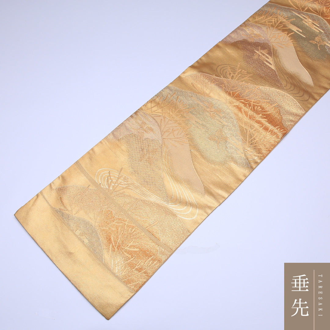 袋帯 帯丈448cm 六通 綴れ織 未仕立て 証紙番号 1918 池口平八 風景柄 有職文様 作家物 フォーマル 証紙 金系 正絹 Sランク 1223-00138