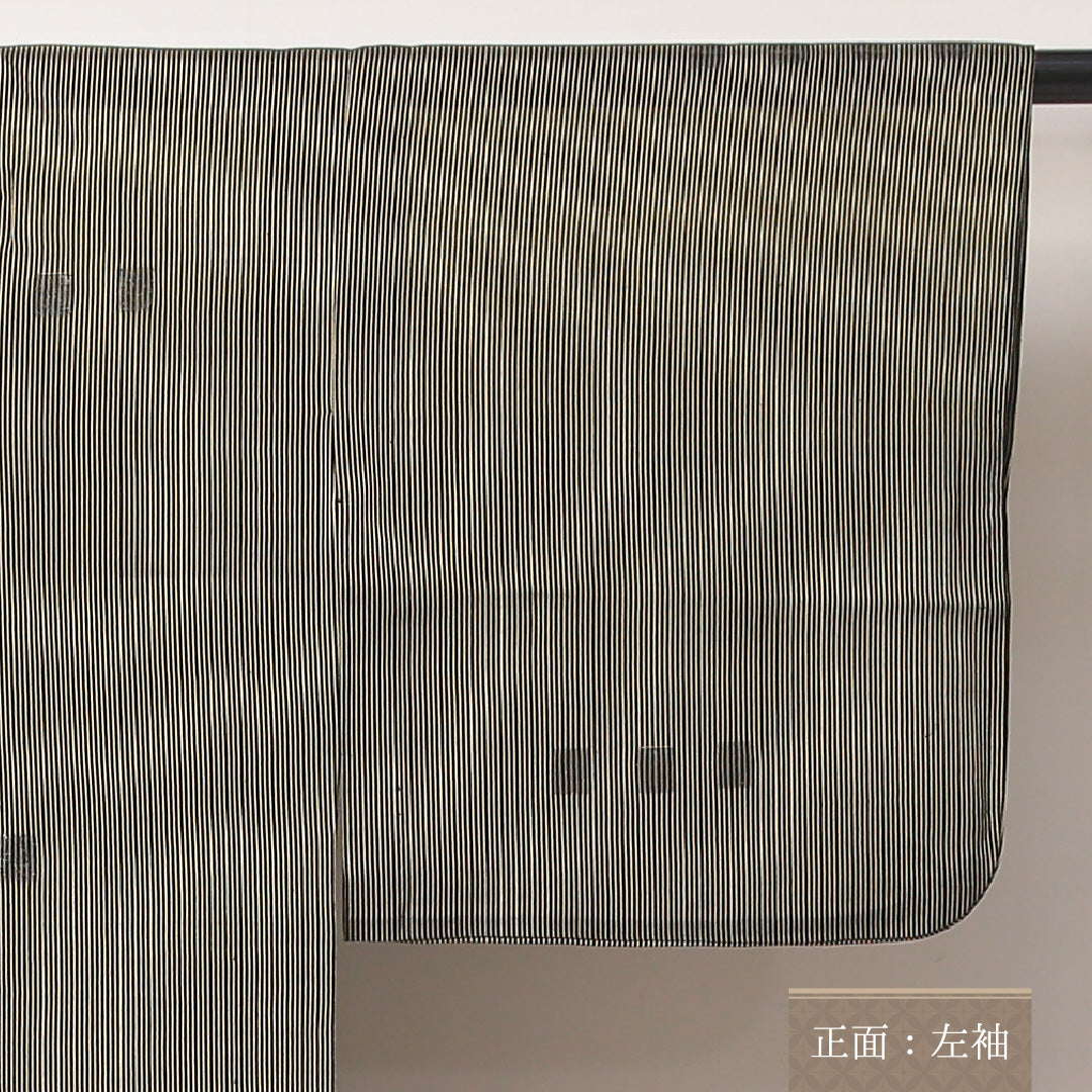 お召 夏物 夏物 身丈146cm 裄丈62cm 正絹 Aランク XSサイズ バチ衿 インフォーマル 縞 緑系 黄系 1265-02175