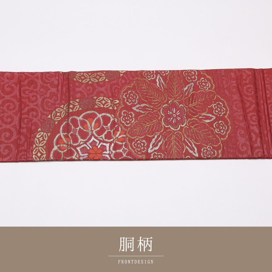 アンティーク 名古屋帯 帯丈326cm Aランク 名古屋仕立て ポイント柄 正絹 宝相華 セミフォーマル 赤系 1224-01462