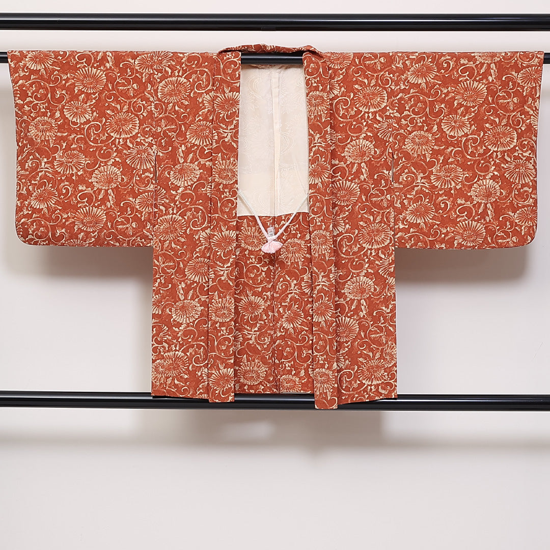 羽織 身丈77cm 裄丈62cm S 正絹 唐菊 朱系 Sランク 1217-00834