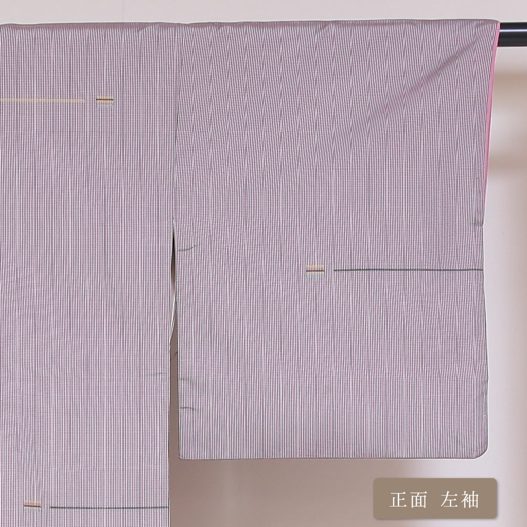 紬 袷 身丈152cm 裄丈65cm 正絹 Bランク Sサイズ 広衿 カジュアル 創作柄 紫系 1216-03176