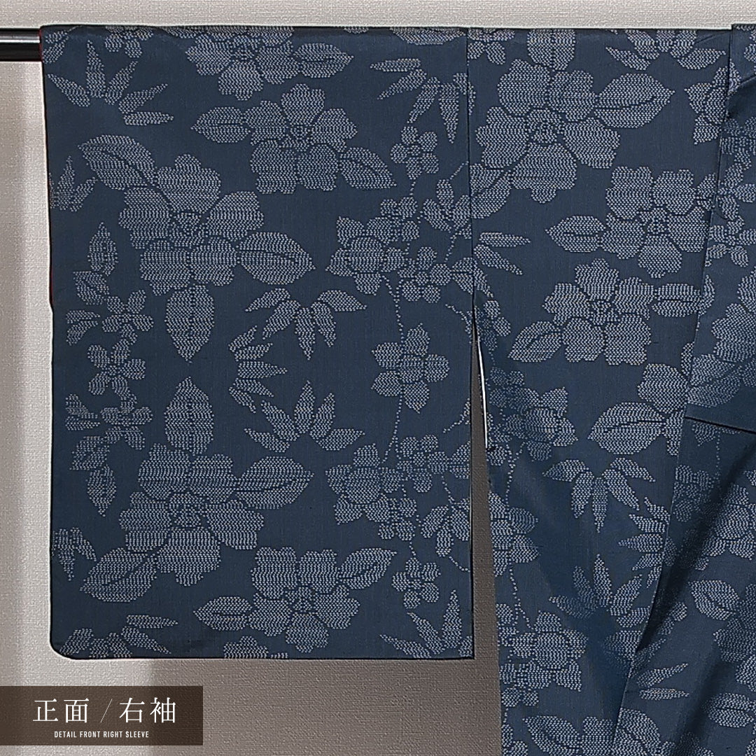 紬 袷 身丈151cm 裄丈62cm 正絹 Aランク カジュアル 広衿 Sサイズ 椿 紺系 RP 1223-14936