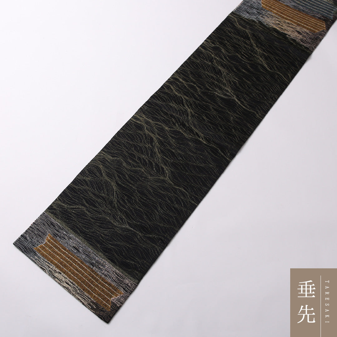 夏物 袋帯(紬) 帯丈456cm 正絹 ポイント柄 リバーシブル カジュアル もじり織 創作柄 黒系 1243-01539