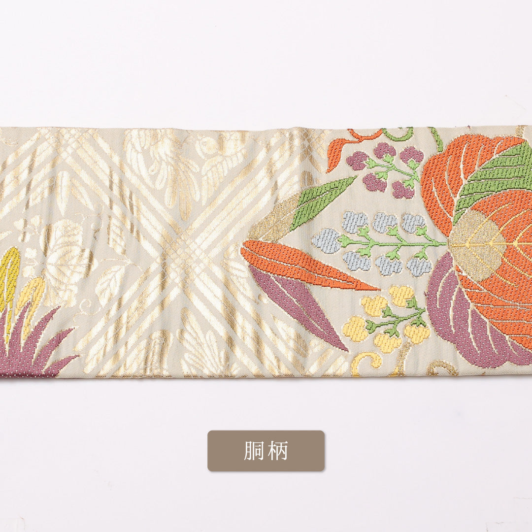 アンティーク 九寸名古屋帯 Aランク 帯丈334cm 正絹 全通 名古屋仕立て 織り 向かい鳥 金系 RP 1245-01095