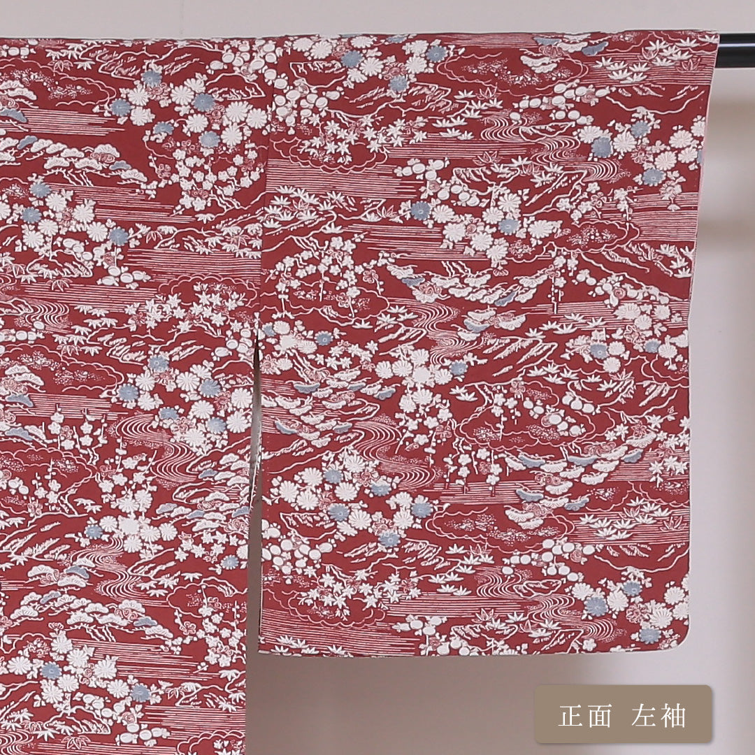 小紋 袷 身丈153cm 裄丈64cm 正絹 Aランク インフォーマル 広衿 Sサイズ 流水 菊 笠松 赤系 RP 1221-01748