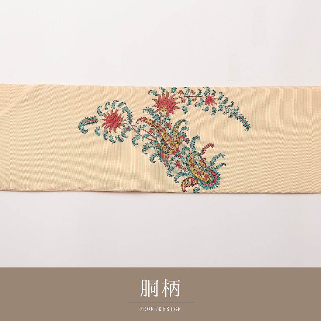 九寸名古屋帯 Cランク 帯丈352cm 正絹 ポイント柄 名古屋仕立て 染め カジュアル 作家物 落款 塩瀬 ペイズリー ベージュ系 RP 1245-02431