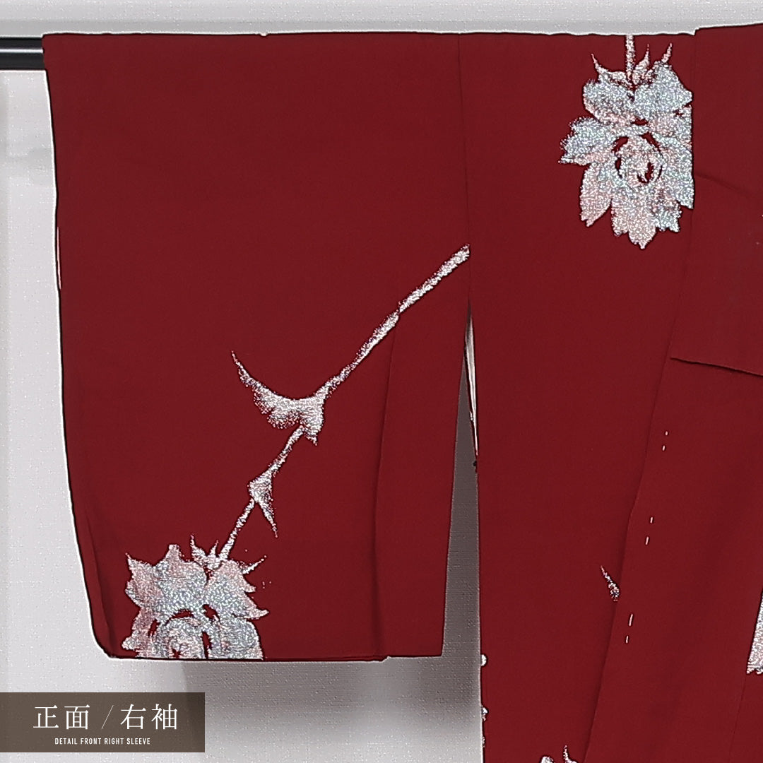 アンティーク お召 身丈153cm 裄丈61cm Dランク S 正絹 袷 広衿 薔薇 漆糸 赤系 1265-11913