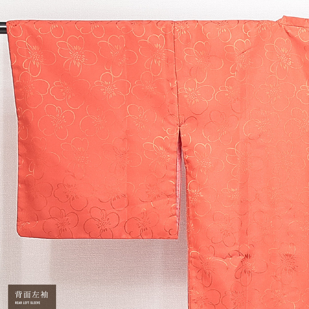洗える着物 道行コート 袷 身丈83cm 裄丈65cm ポリエステル Sランク カジュアル Mサイズ ポケットあり 花柄 朱系 RP 1237-14849