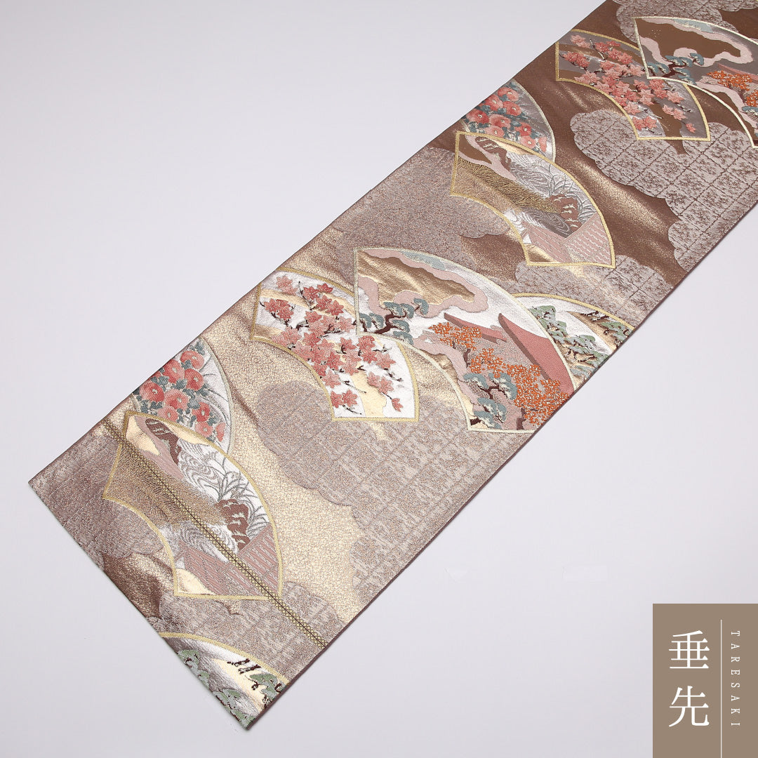 袋帯 帯丈426cm 正絹 六通 フォーマル 唐織 扇面文 御所解 ピンク系 1243-01012