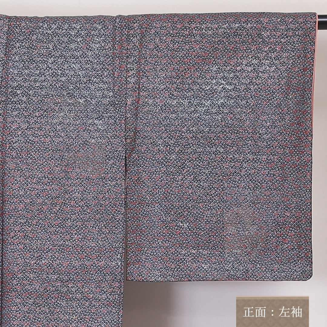 小紋 袷 身丈146cm 裄丈63cm 正絹 Sランク XSサイズ 広衿 インフォーマル 織り出し 笹 黒系 銀系 1215-02042