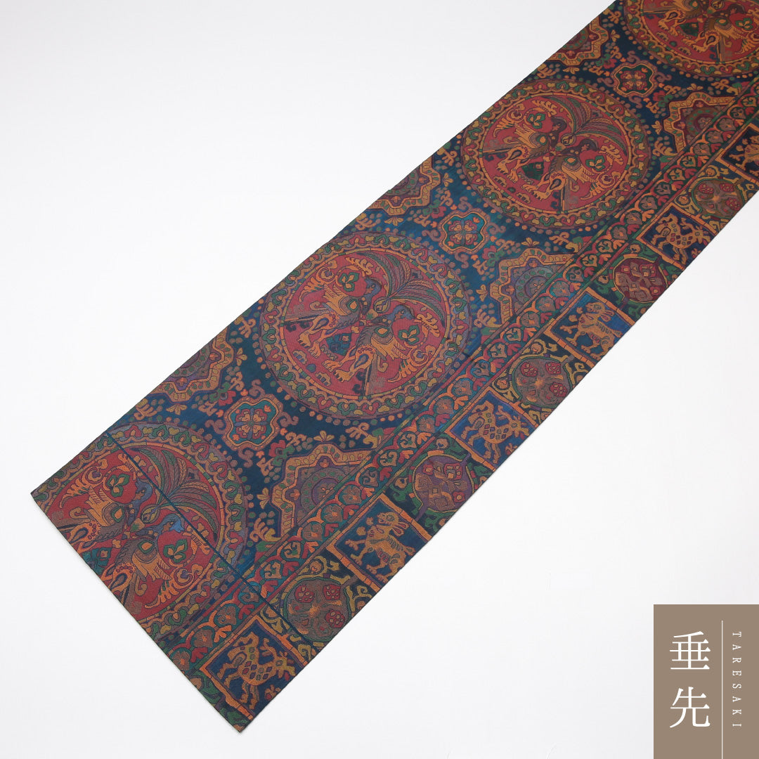 袋帯 帯丈416cm 正絹 六通 双鳥円文 セミフォーマル 双鳥唐花文 青系 1243-01305