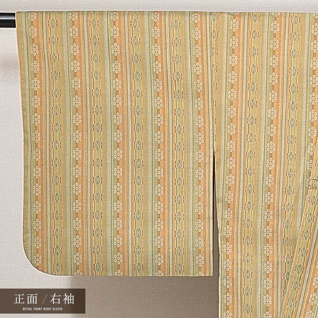 紬 袷 身丈155cm 裄丈61cm 正絹 Sランク カジュアル バチ衿 Mサイズ 縞 花柄 多色系 RP 1223-14932