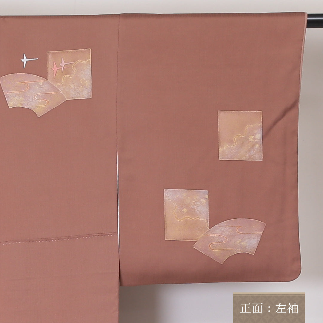 訪問着 袷 身丈156cm 裄丈63cm 正絹 Sランク Mサイズ 広衿 セミフォーマル 鳥 扇 引箔 刺繍 茶系 1212-04487